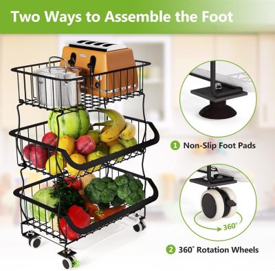3 Tier Stackable Metal Wire Utility Rack with Rolling Wheels and 2 Free Baskets for Kitchen Pantry Garage Basket Cart