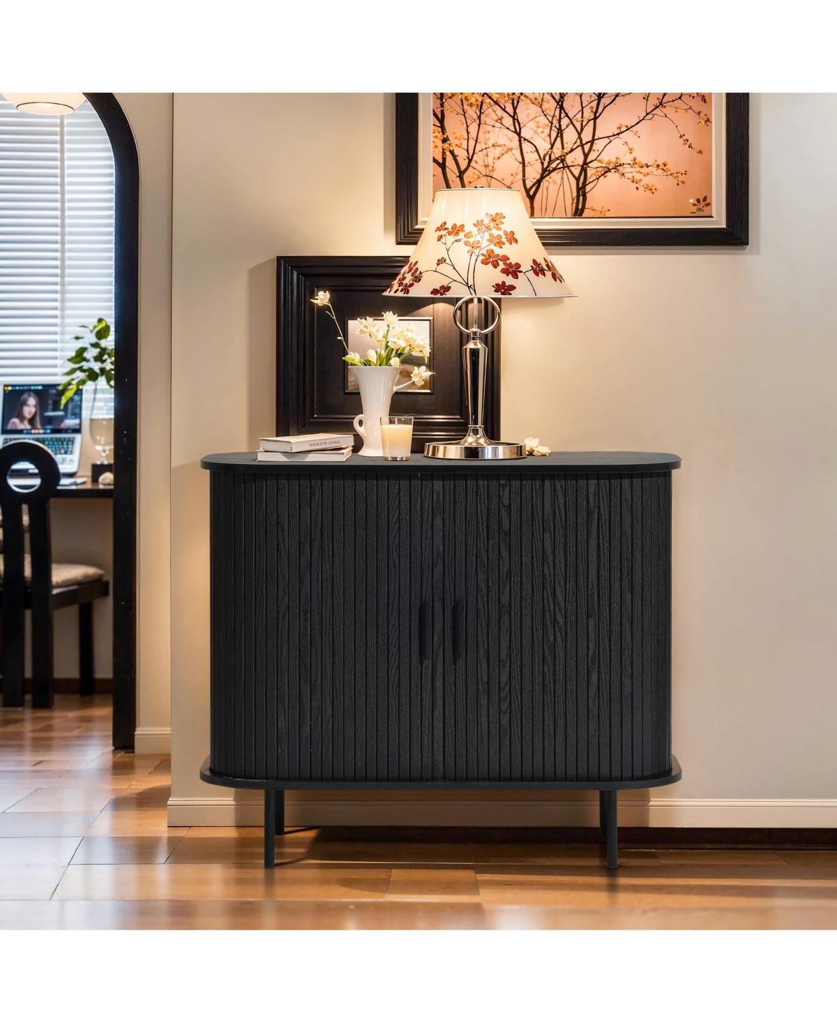 Luxenhome Mid-century Modern 2-door Accent Cabinet With Slatted Sliding Doors, Black In Black