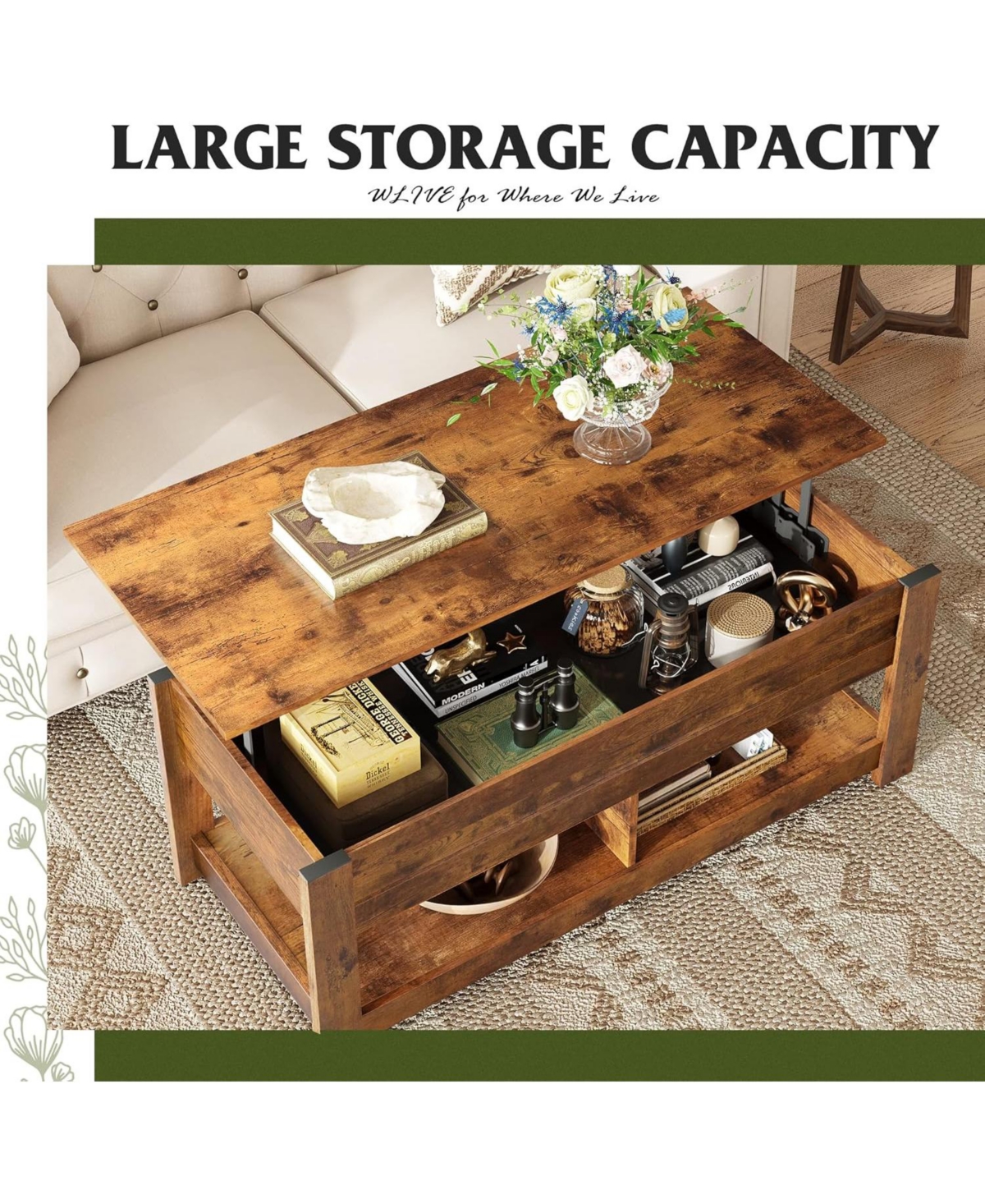 Wlive Coffee Table, Lift Top Coffee Table with Hidden Compartment and 2 Storage Shelves for Living Room