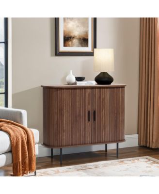 Mid-Century Modern 2-Door Accent Cabinet with Slatted Sliding Doors, Dark Oak