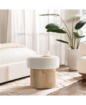 Modern Upholstered Ivory Footstool with Storage and Wood Fluted Base
