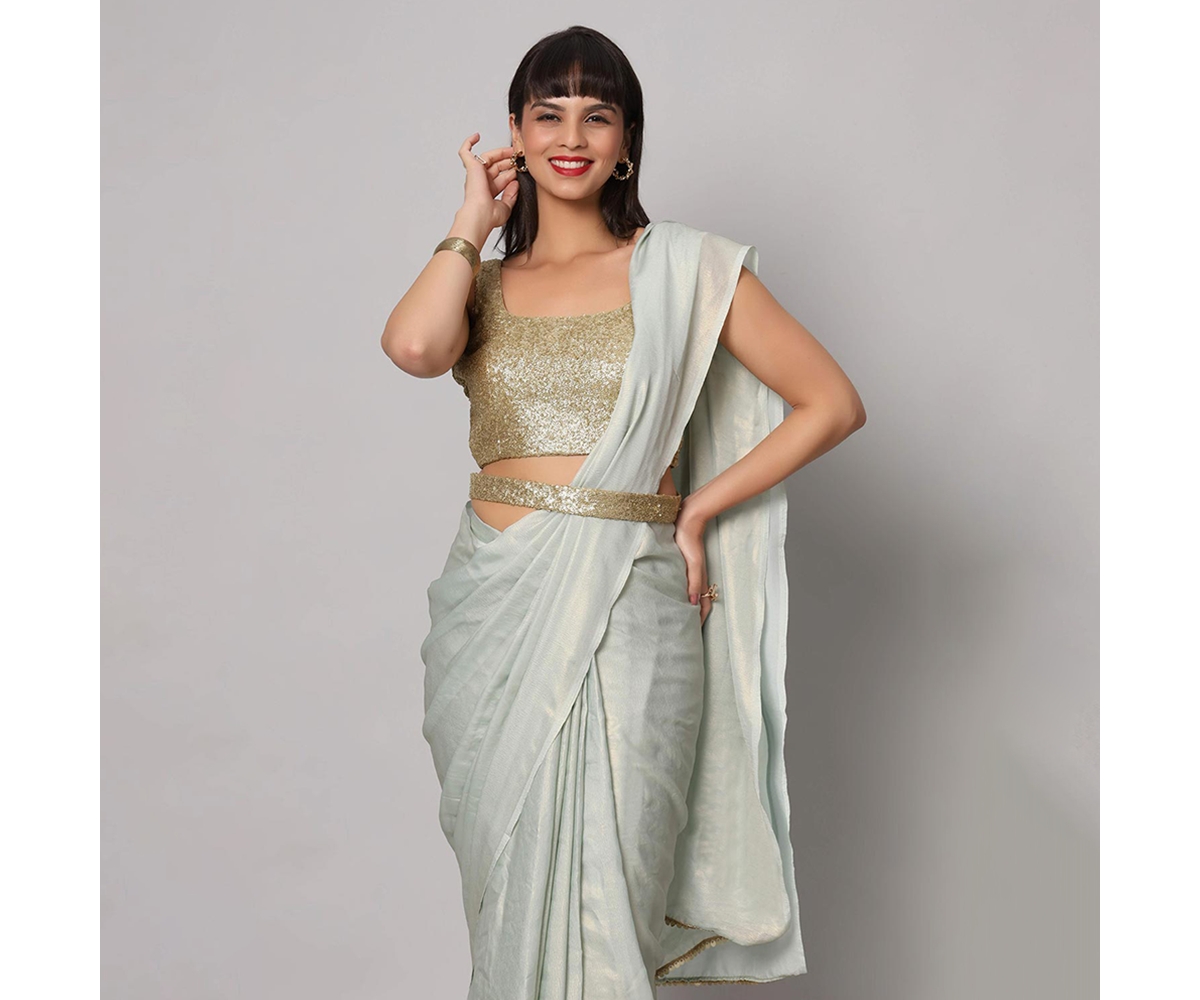 One Minute Saree Women's Meera Shimmer Georgette Ready to Wear Sari with Belt