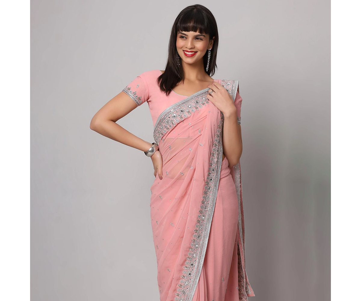 One Minute Saree Petite Aaliya Dusty Rose Silver Embroidered Mirror Work Ready to Wear Sari