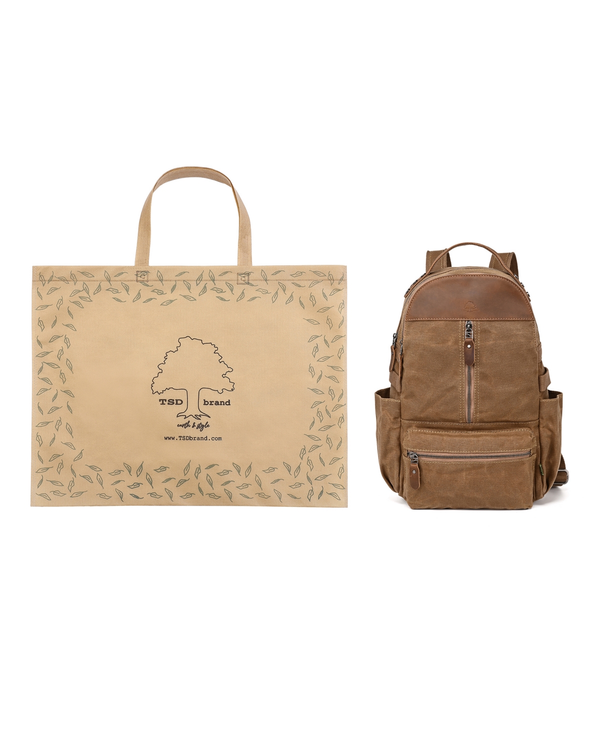 Tsd Brand Mountain Leaf Utility Bee-wax Canvas Backpack In Camel