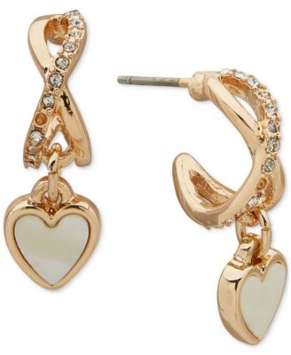 lonna & lilly - Gold-Tone Mother-of-Pearl Heart Charm Pav&eacute; Hoop Earrings
