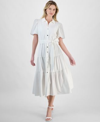 T Tahari - Women's Puff-Sleeve Belted Tiered Dress