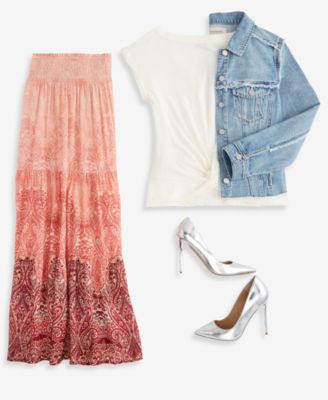 Shop Liverpool Los Angeles Womens Frayed Trucker Jacket Knit Top Maxi Skirt In Mauve Ombre Paisley