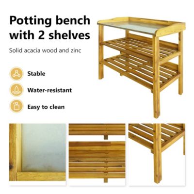Potting Bench with 2 Shelves Solid Acacia Wood and Zinc