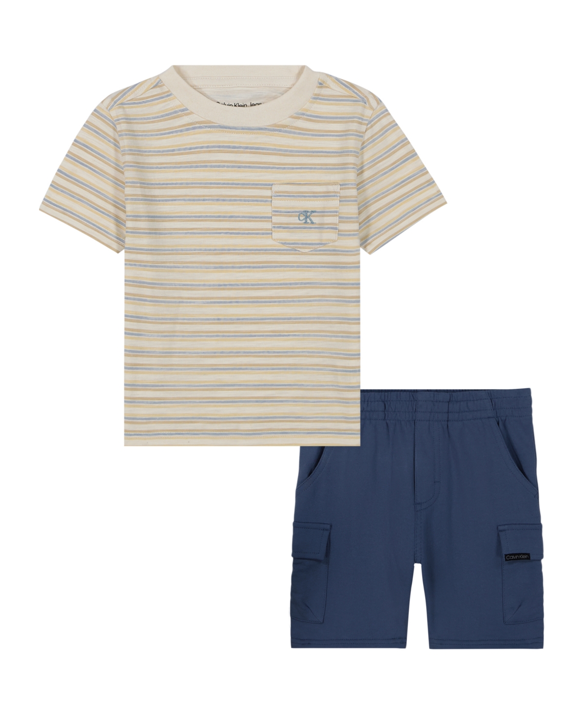 Calvin Klein Toddler And Little Boys Slub Jersey Striped Tee And French Terry Cargo Shorts, 2-piece Set