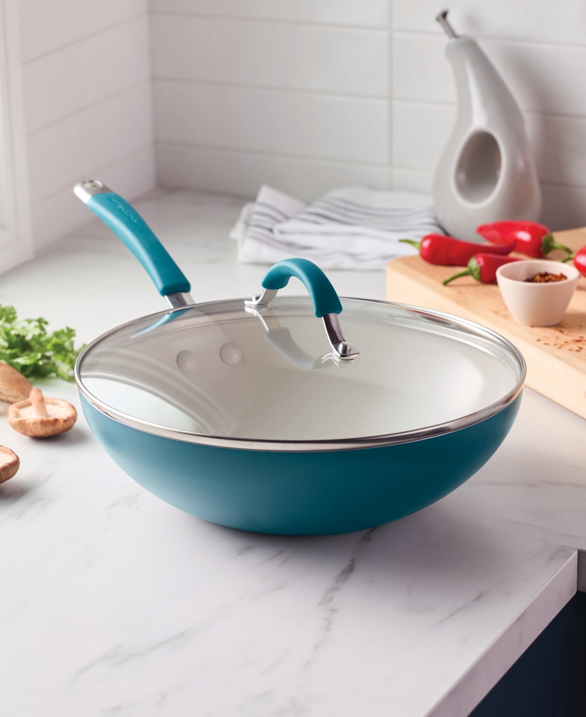 Rachael Ray Cucina Ceramic 11in Nonstick Stir Fry Pan With Lid In Marine Blue