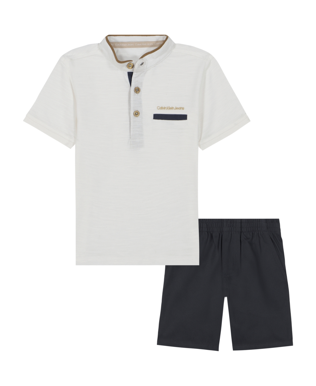 Calvin Klein Toddler And Little Boys Pique Henley Tee And Twill Shorts, 2-piece Set