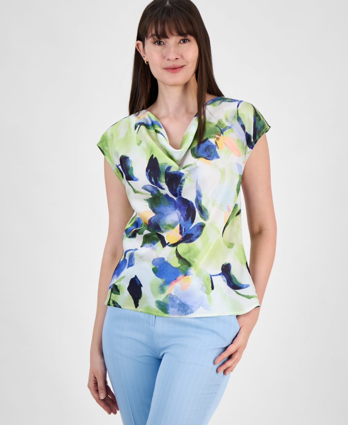 Women's Printed Draped-Neck Cap-Sleeve Top - Fern Watercolor