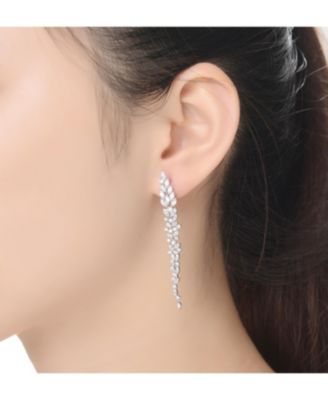 Sterling Silver White Gold Plated Leaf-Shaped White Cubic Zirconia Accent Dangle Earrings