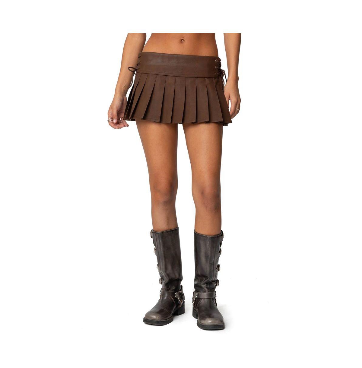 Womens Faux Leather Pleated Mini Skort - Brown
