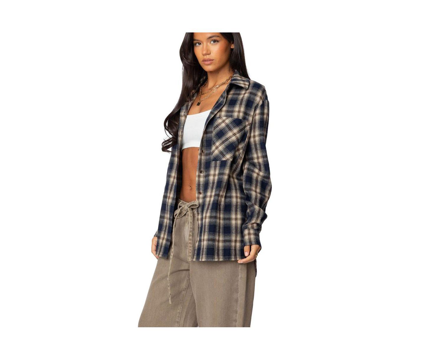 Женская рубашка Edikted Plaid Flannel Button Up, цвет: Тёмно-синий — фото 2