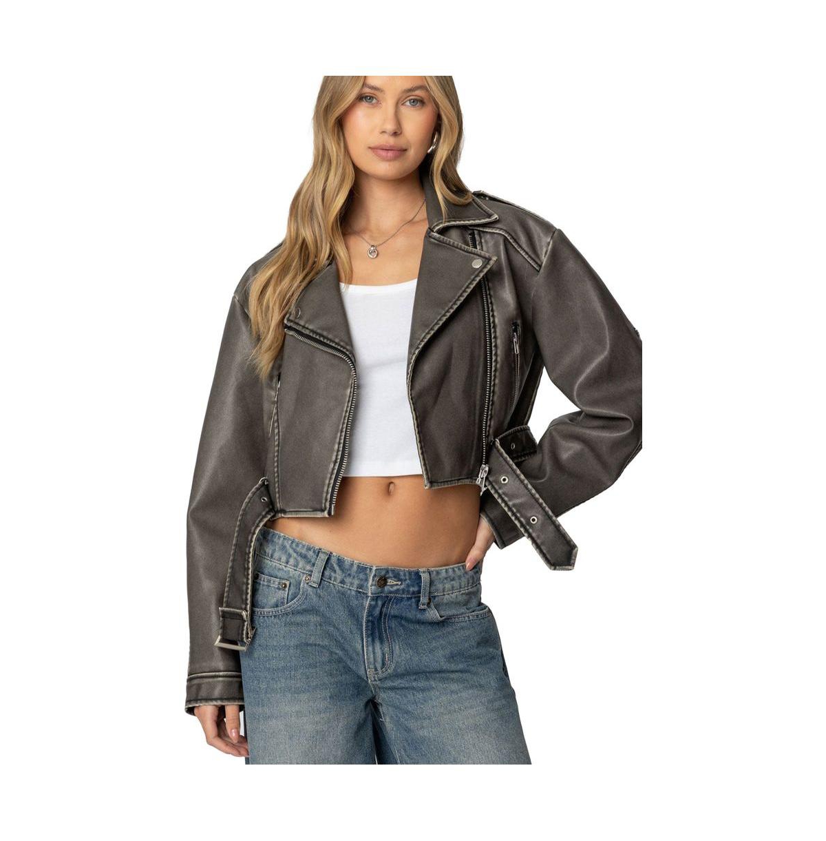 Women's Washed Faux Leather Jacket - Gray-washed