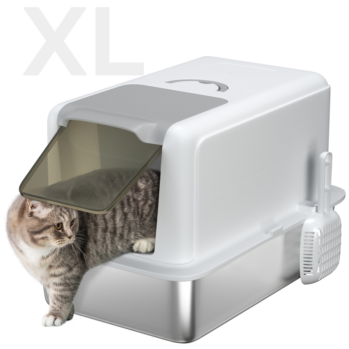 2 in 1 Stainless Steel Cat Litter Box with Removable Lid, - White