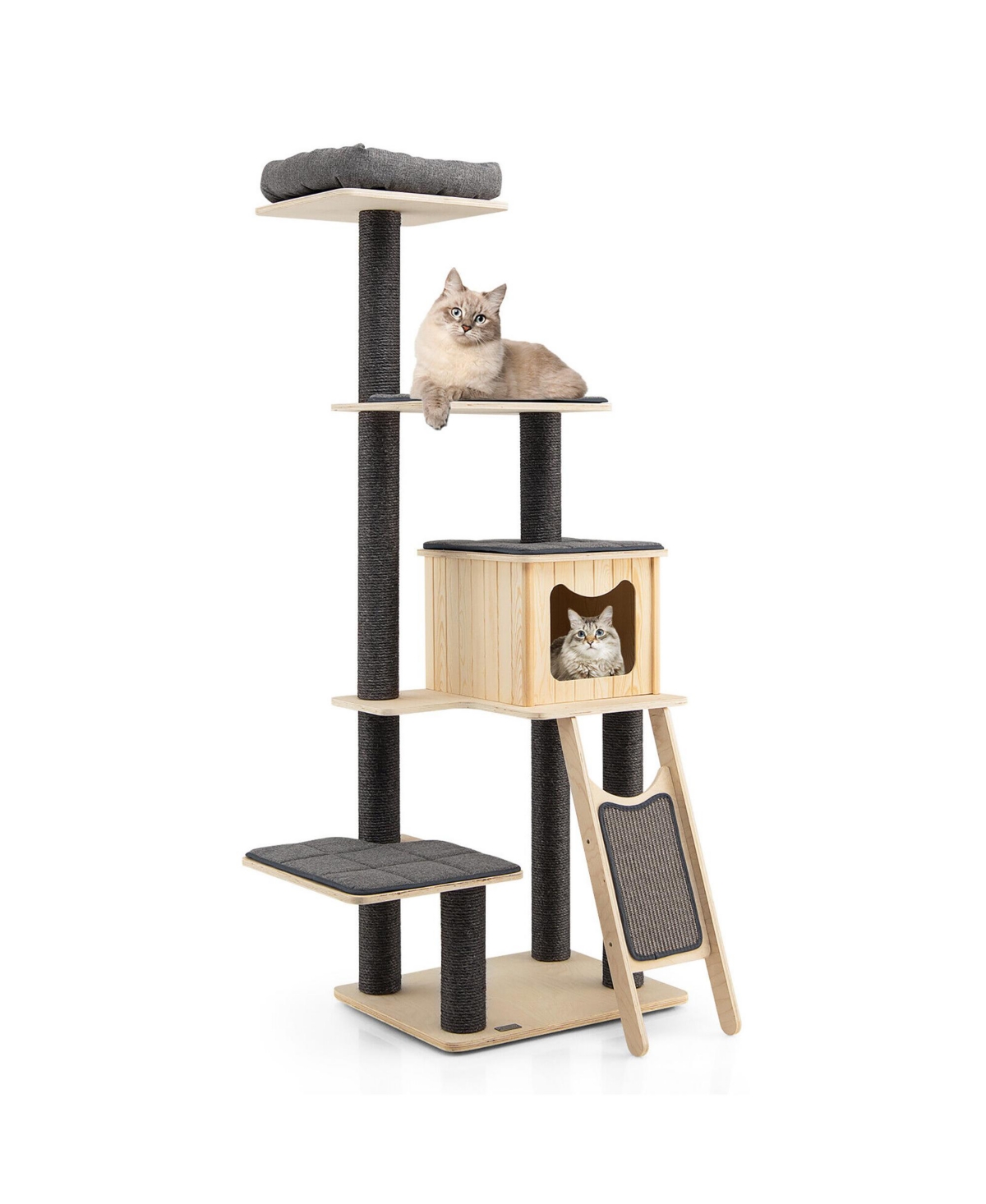 69 in Modern Wood Cat Tree 5-Tier Tall Cat Tower w/ Washable Cushions - Grey+natural
