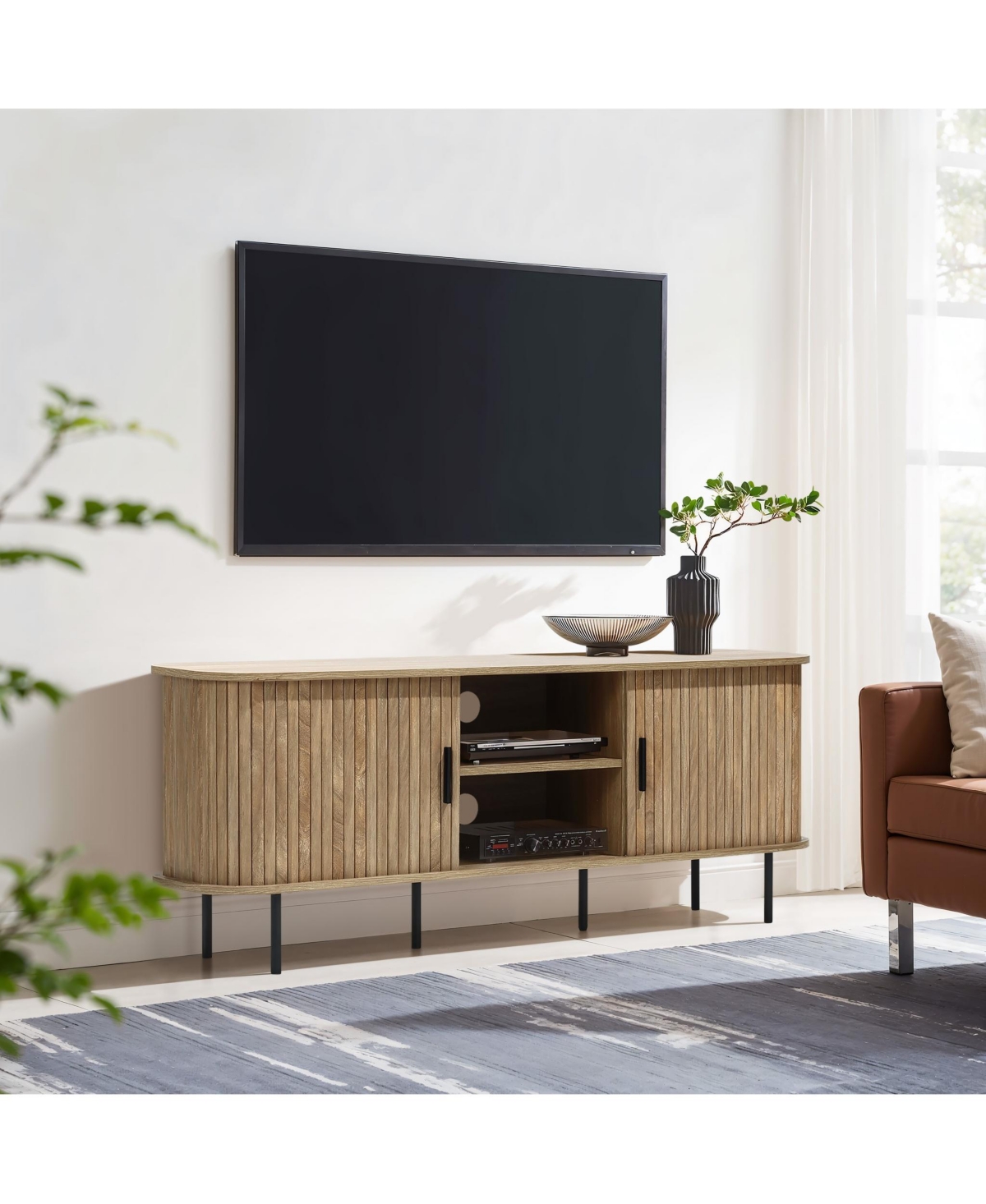 LuxenHome Mid-Century Modern 2-Door 55.1-Inch Wide Tv Console with Slatted Slidng Doors