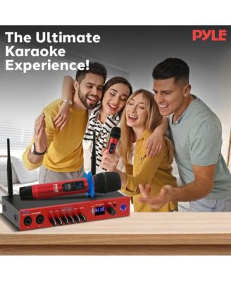 UHF Wireless Microphone System with Bluetooth - Dual Channel, 2 Handheld Mics, Portable Mixer, Red