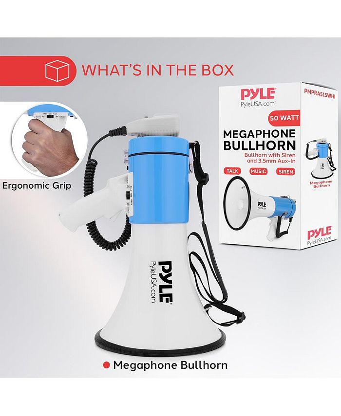 Pyle 50-Watt Portable Megaphone with Siren, MP3 Input, Adjustable Volume, Shoulder Strap, Lightweight White Bullhorn - White