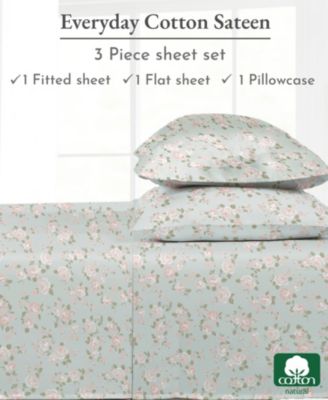 Twin Bed Sheet Set, Soft 100% Cotton Sateen, 3 Pc Deep Pocket Sheets & Pillowcase Set