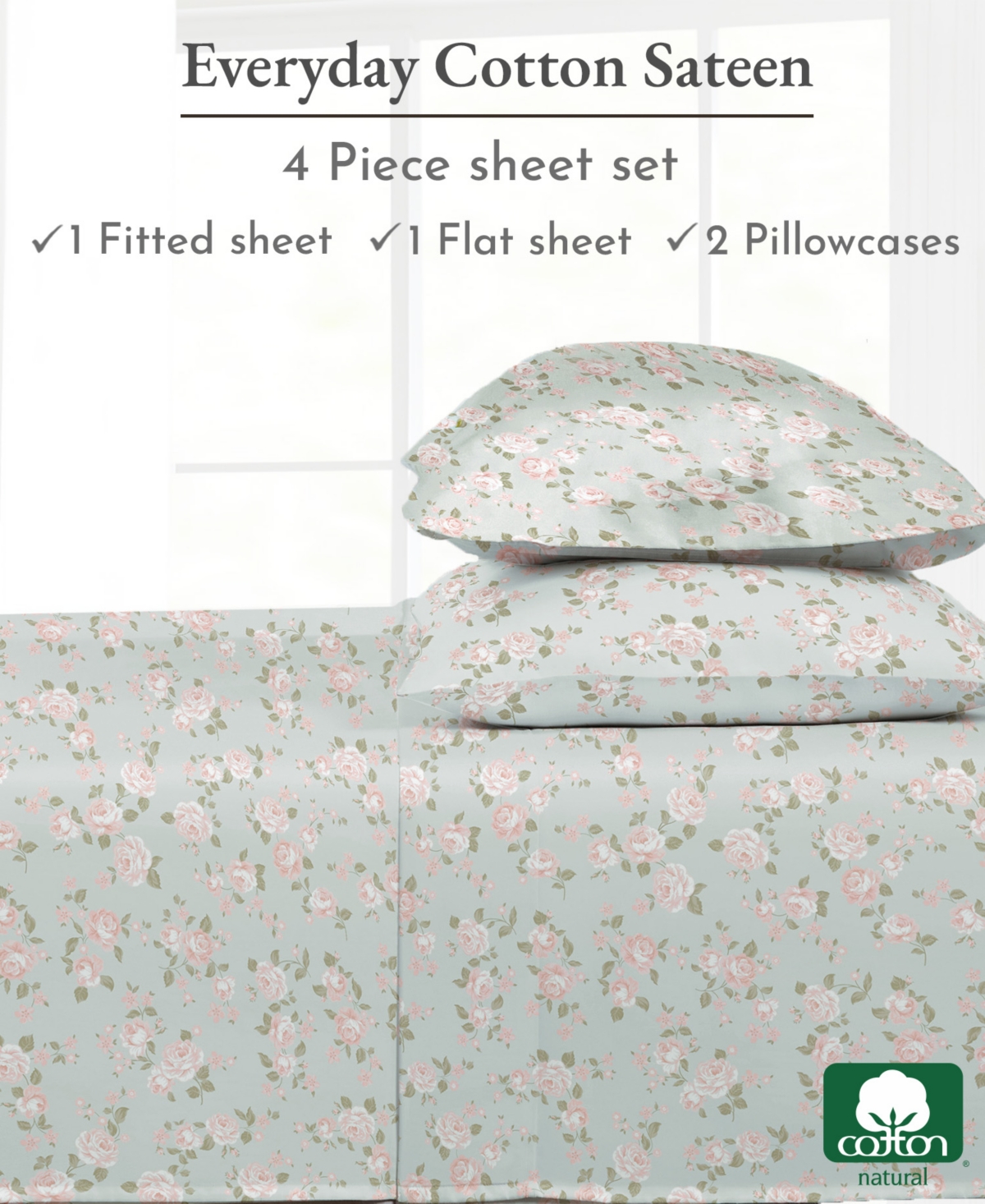 California Design Den Floral Sheet Set, Soft 100% Cotton Sateen, 4 Pc Deep Pocket Sheets & Pillowcase Set - Chic Floral
