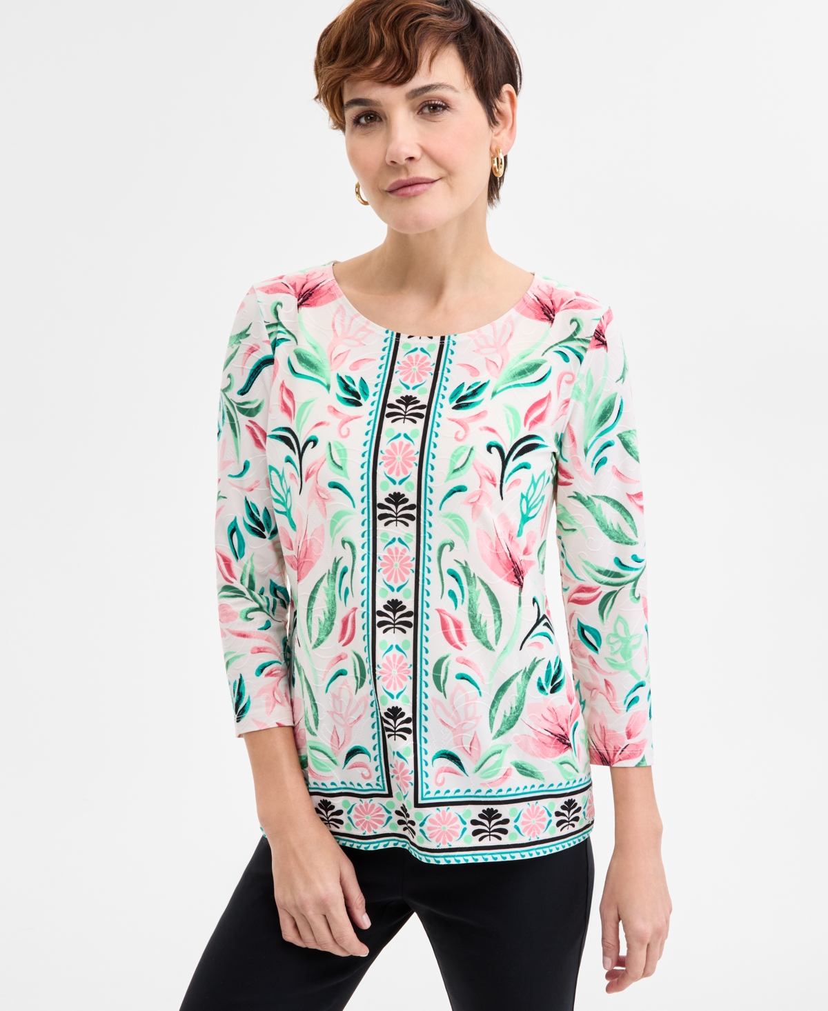 JM COLLECTION PETITE 3/4-SLEEVE JACQUARD TOP, EXCLUSIVELY AT MACY'S 