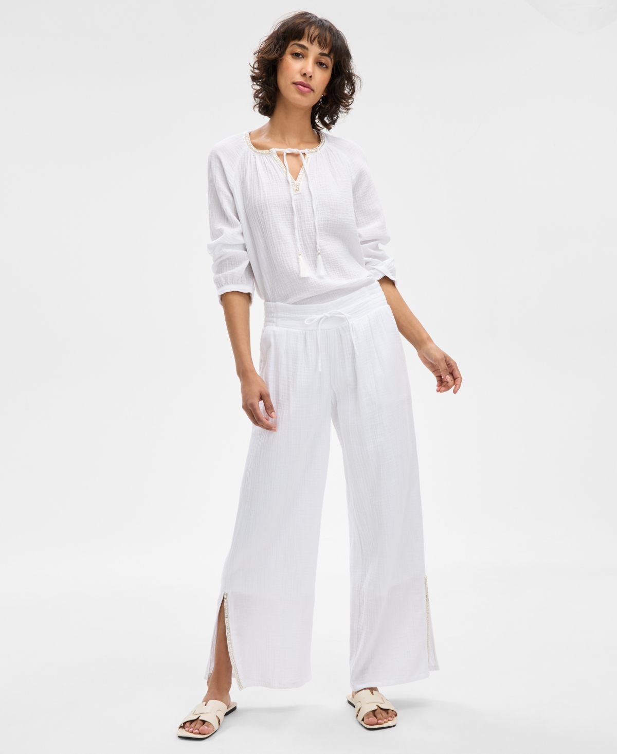 JM COLLECTION WOMEN'S COTTON GAUZE EMBELLISHED SLIT PANTS, EXCLUSIVELY AT MACY'S 