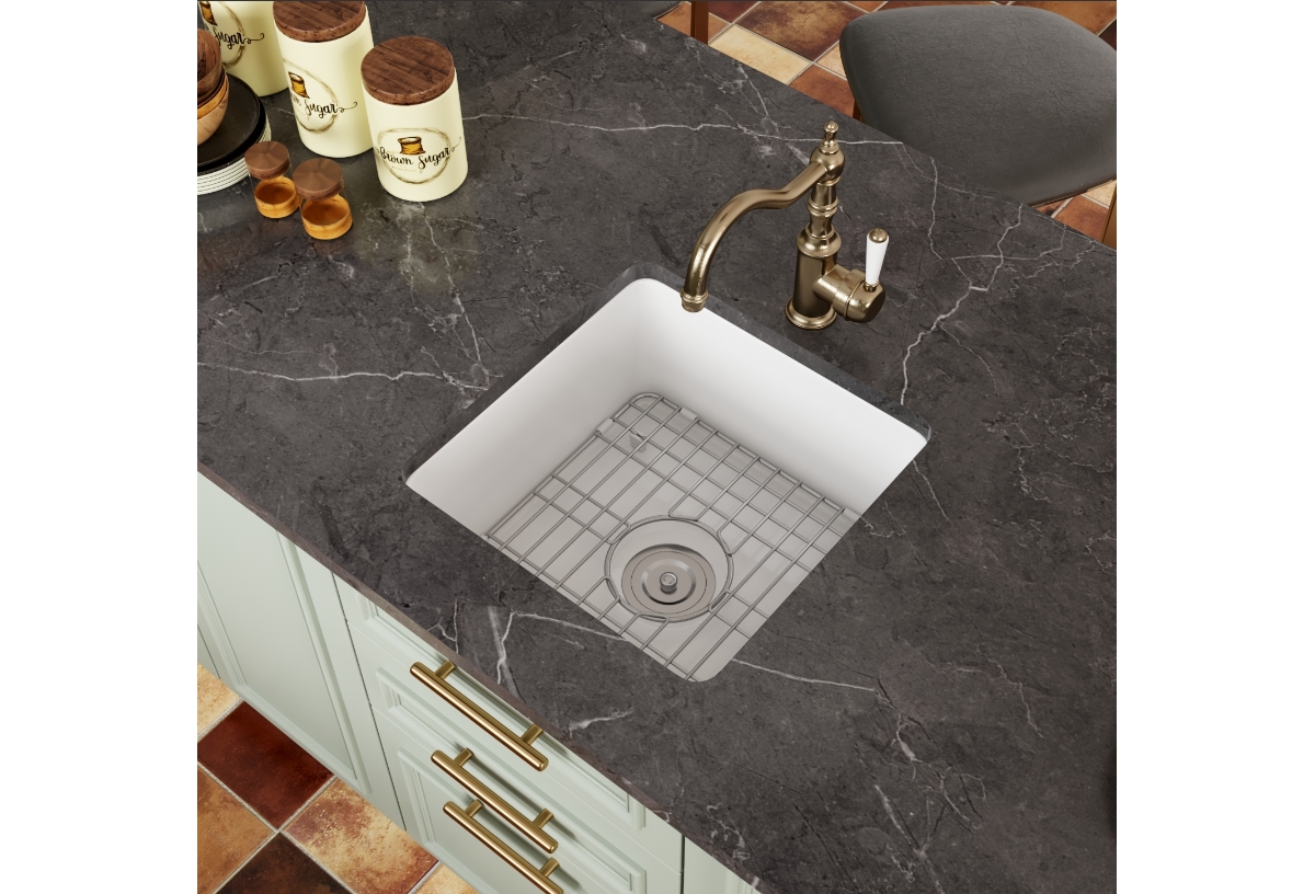 Square Fireclay 18" L x 18" W Undermount/Drop-In Kitchen Sink with Basket Strainer and Sink Grid - White