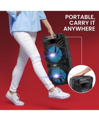 Bluetooth PA Speaker System - 600W Rechargeable Outdoor Bluetooth Speaker Portable PA System w/ Dual 8” Subwoofer 1” Tweeter, Microphone In, Party Lights, USB, Radio, Remote - Pyle PPHP2836B