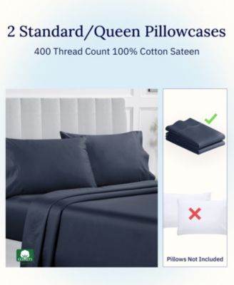 Pillowcase Set - 400 Thread Count, 100% Cotton Sateen, Set of 2 Pillow Covers, Breathable, Cooling, Soft for Quality Sleep