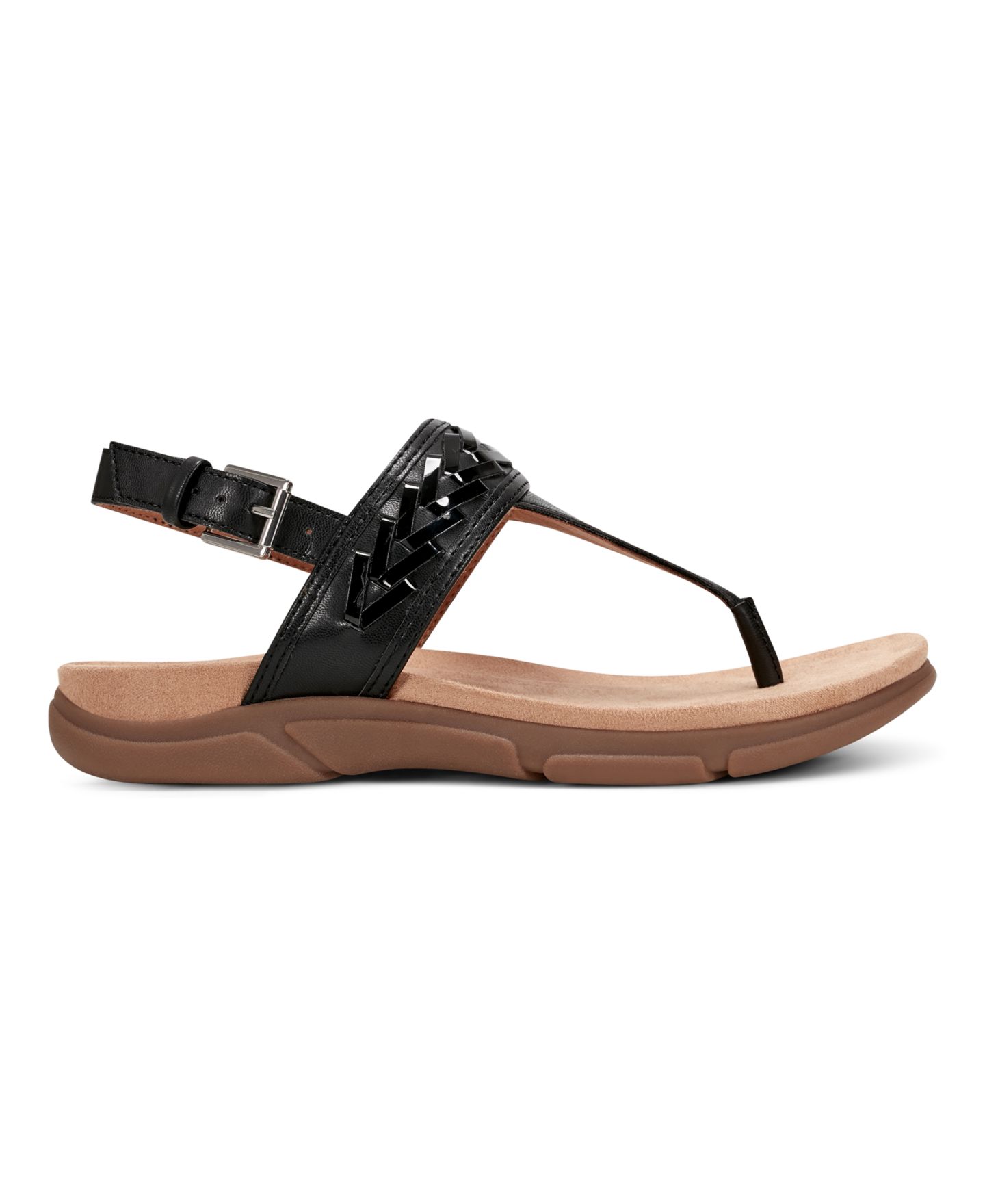 Женские сандалии Easy Spirit Monte Woven T-Strap Flat Slingback, цвет: Чёрный гладкий / Чёрный лаковый — фото 2