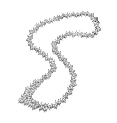 Sterling Silver with White Gold Plated Clear Marquise Cubic Zirconia Cluster Necklace