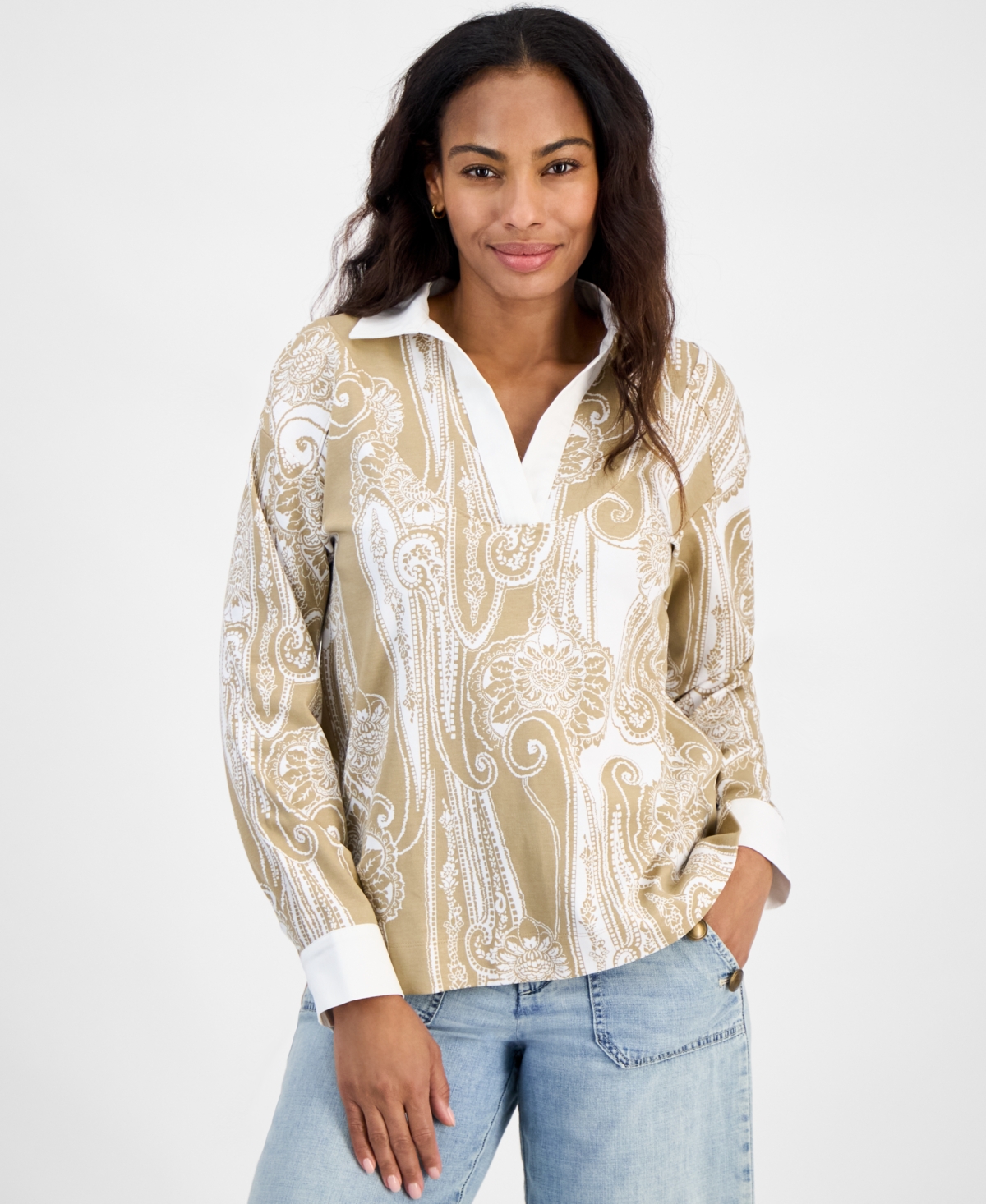 NAUTICA JEANS WOMEN'S PAISLEY CONTRAST COTTON TUNIC TOP 