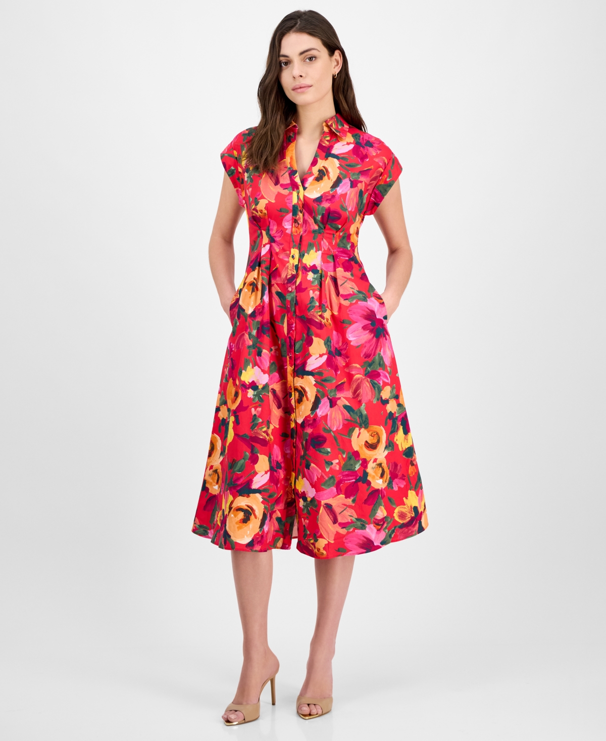 Women's Floral-Print Button-Front Midi Dress - Red Multi