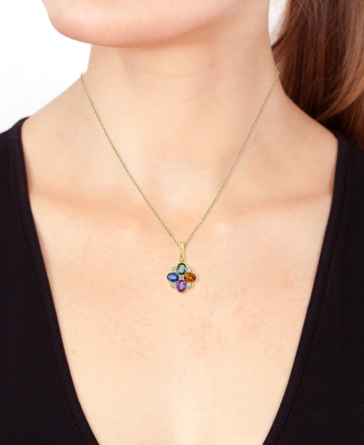 EFFY COLLECTION EFFY MULTI-SAPPHIRE (7/8 CT. T.W.) & DIAMOND (1/10 CT. T.W.) FLOWER 18" PENDANT NECKLACE IN 14K GOLD 