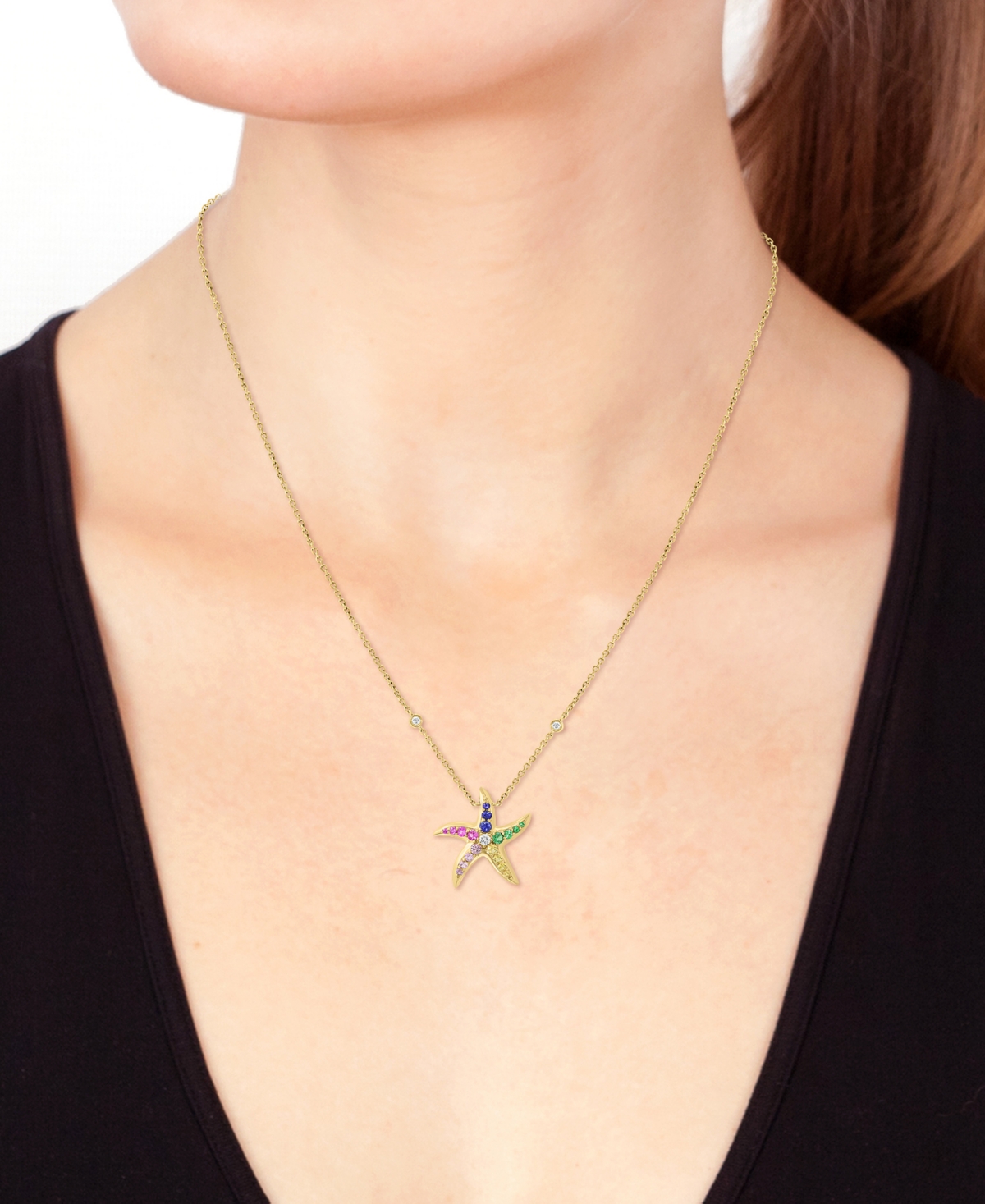 EFFY COLLECTION EFFY MULTI-GEMSTONE (5/8 CT. T.W.) & DIAMOND (1/8 CT. T.W.) STARFISH PENDANT NECKLACE IN 14K GOLD, 1 