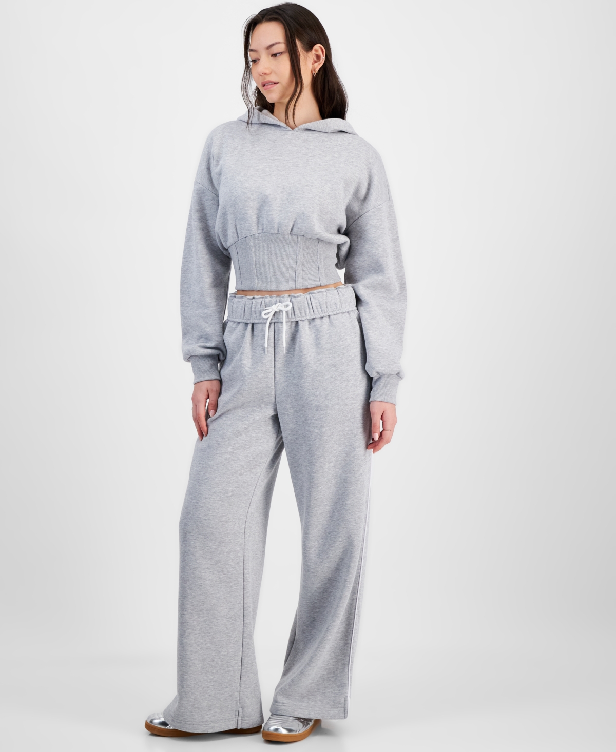 Juniors' Rolled-Cuff Wide-Leg Fleece Sweatpants - Heather Grey