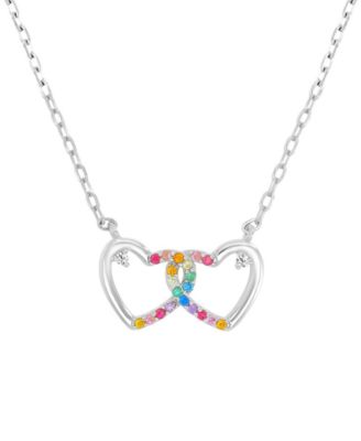Multicolor Cubic Zirconia Interlocking Hearts Pendant Necklace in Sterling Silver 18"
