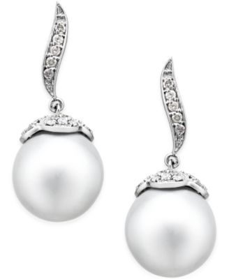 Macy's - Cultured South Sea Pearl (11mm) and Diamond (3/8 ct. t.w.) Swirl Drop Earrings in 14k White Gold
