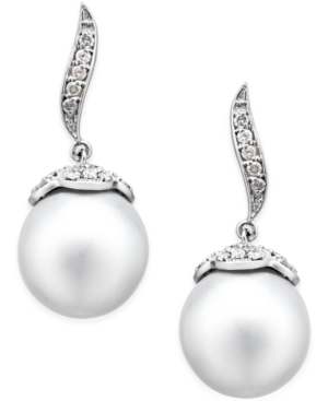 image of Cultured South Sea Pearl (11mm) and Diamond (3/8 ct. t.w.) Swirl Drop Earrings in 14k White Gold