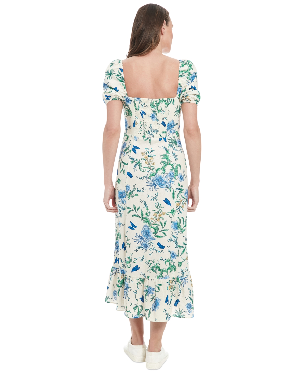 London Times Petite Linen-blend Floral-print Maxi Dress In Cream,denim Blue
