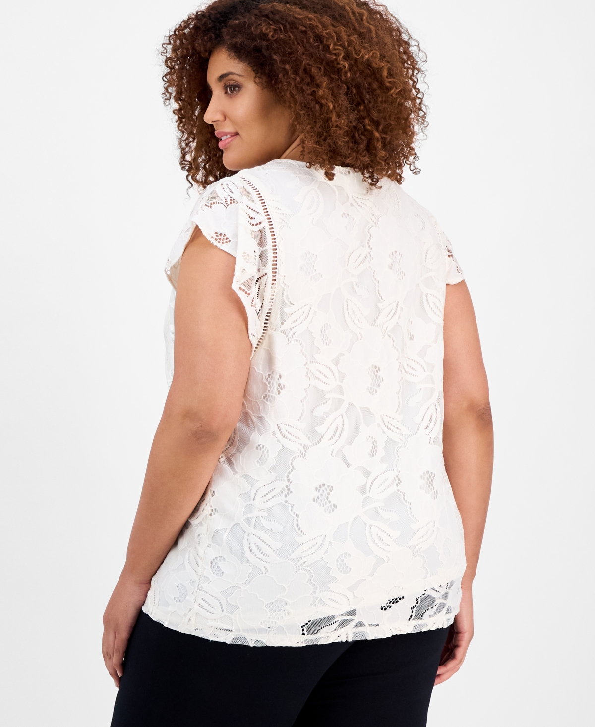 ANNE KLEIN PLUS SIZE FLUTTER-SLEEVE LACE OVERLAY BLOUSE 