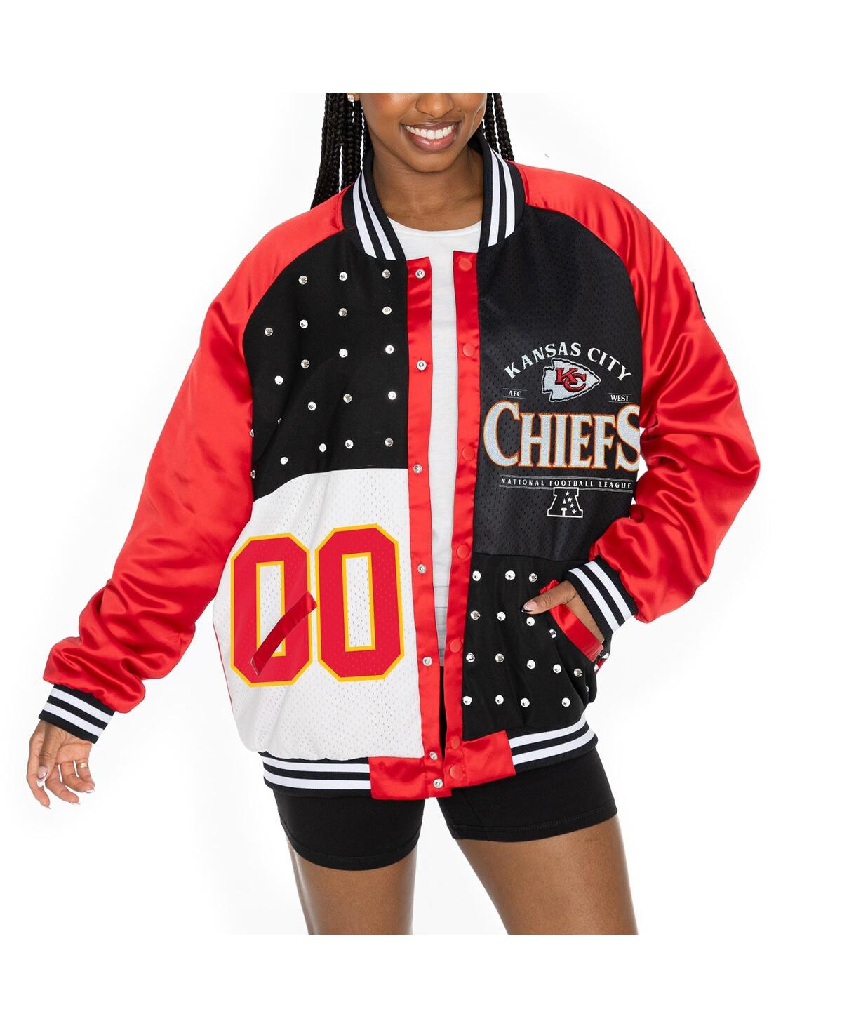 Women's Red/Black Kansas City Chiefs Oversized Hot Shot Rhinestone Throwback Full-Snap Varsity Bomber Jacket - Red, Black