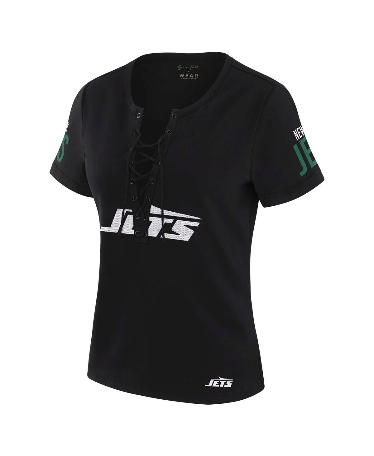 Wear By Erin Andrews X Gracie Hunt Women's Black New York Jets Draft Me Lace-up T-shirt In Black