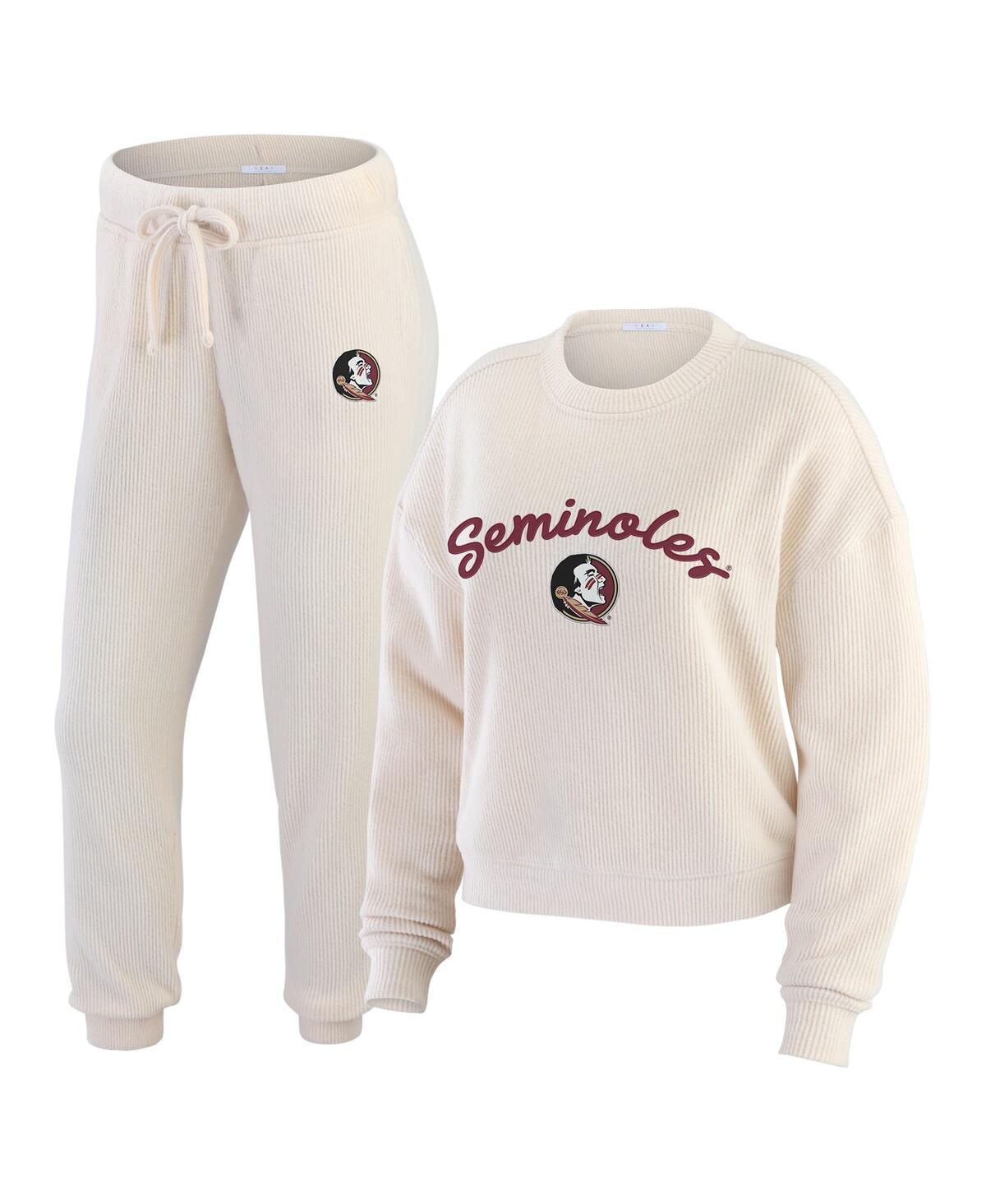 Women's Cream Florida State Seminoles Rib-Knit Long Sleeve T-Shirt Pants Lounge Set - Cream