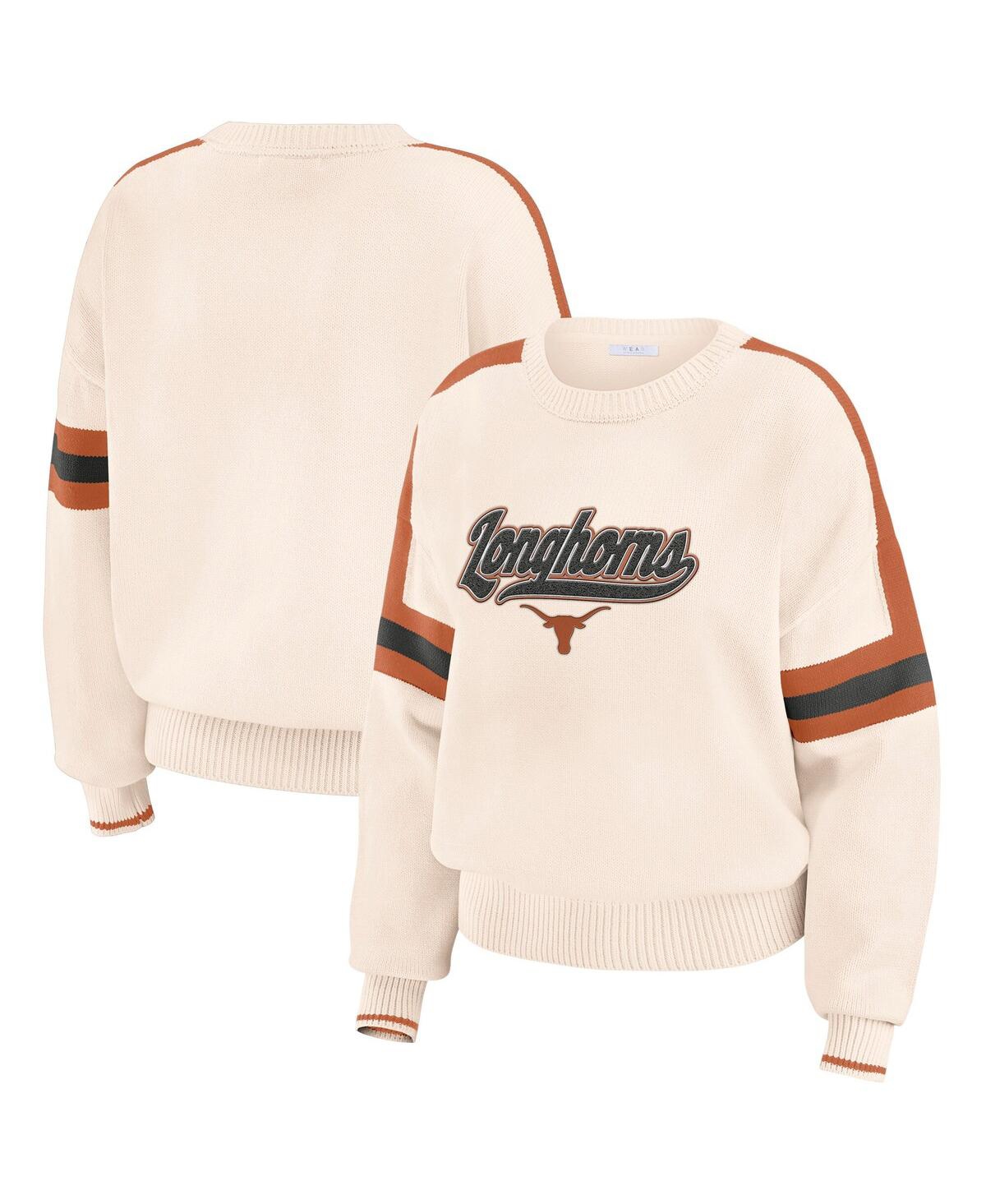 Women's Cream Texas Longhorns Chenille Woven Patch Stripe Pullover Sweater - Cream, Burnt Orange
