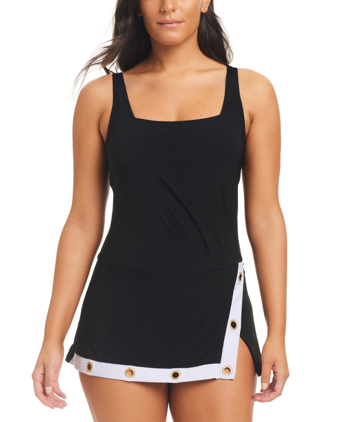 Women's Coastal Color-Block Square-Neck Swim Dress - Dark Navy