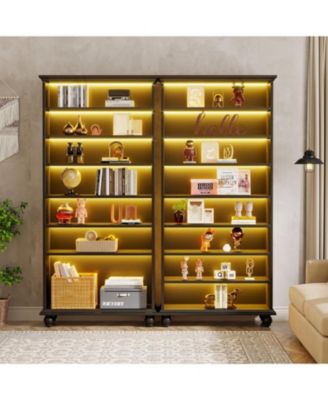 LED-Lit 9-Tier Freestanding Bookshelf Set with Solid Wood Legs – Tall Open Display Shelf Organizer for Home & Office.